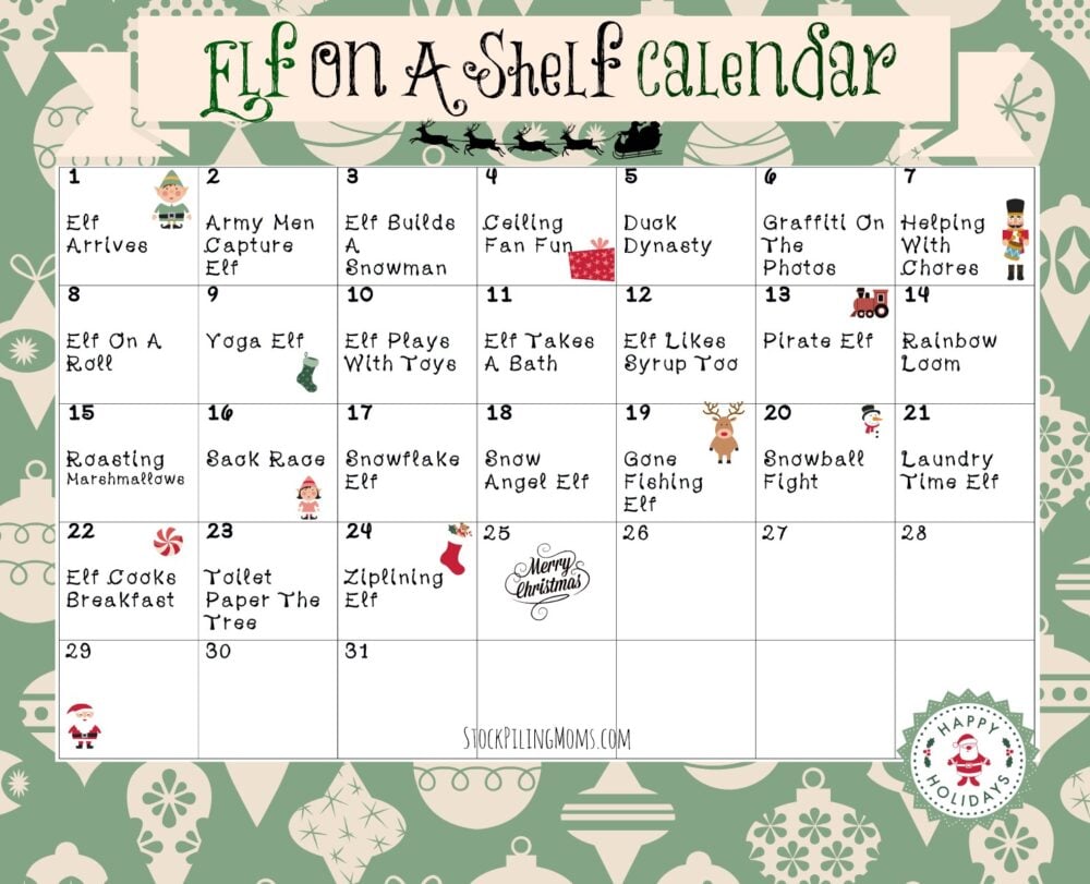 elf on a shelf calendar printable - stockpiling moms™